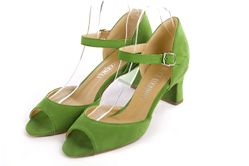 Grass green women's closed back sandals, with an instep strap. Square toe. Medium spool heels. Front view - Florence KOOIJMAN